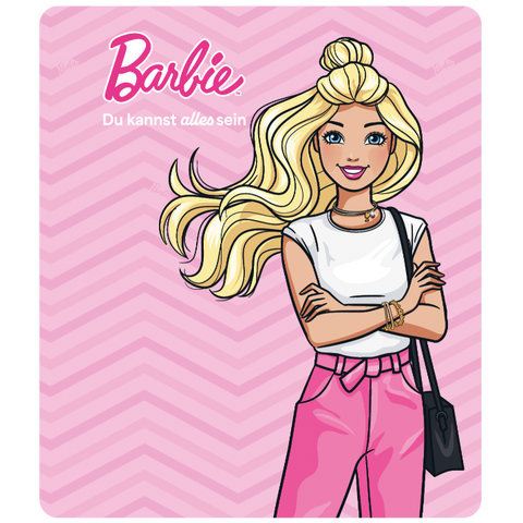 Tonies Figur Barbie – Barbie-Illustration auf pinkem Hintergrund, blonde Haare, weiße Bluse, pinke Hose