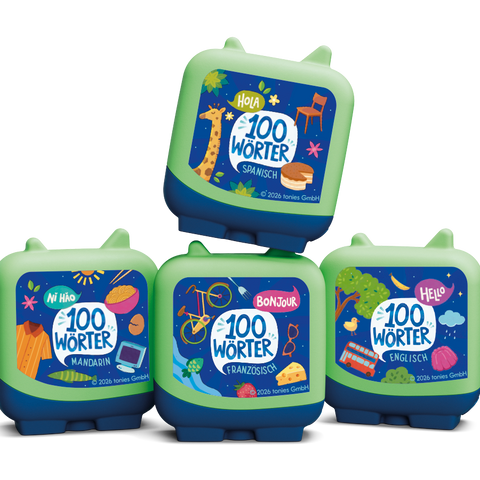 Vorderansicht von 4er TONIES Tonie-Figuren, grüne Oberteile, blaue Sockel; Labels zeigen 100 Wörter in Sprachen.