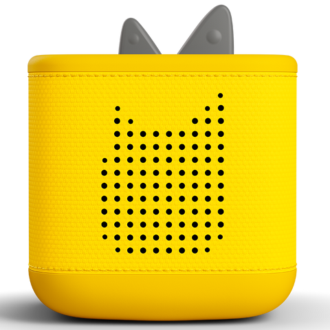 Vorderansicht einer gelben TONIES Toniebox 2 Starterset – Pikachu; graue Ohren, schwarze Punktdetails auf der Front.