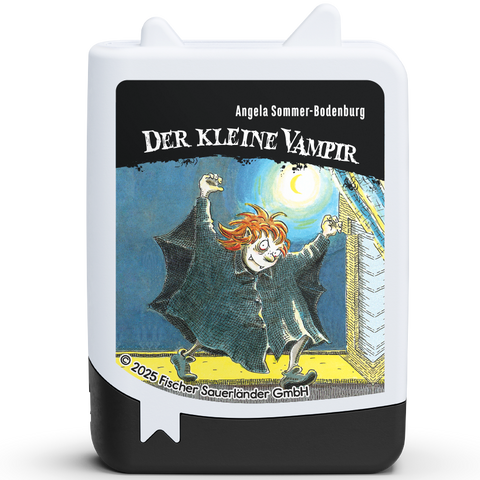 Tonies Figuren, Vorderansicht: Der kleine Vampir; weißes Gehäuse, schwarze Basis, Vampir-Illustration.
