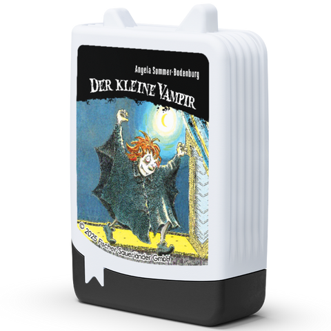 Tonie-Figur Der kleine Vampir; weiße Kunststoffbox mit schwarzem Boden, Buchcover-Motiv.