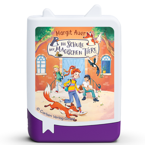 Vorderansicht einer TONIES Tonie-Figur mit violettem Sockel; Label zeigt Die Schule der magischen Tiere-Illustration.
