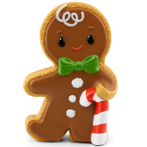 Vorderansicht der TONIES Figur: brauner Lebkuchenmann mit grüner Schleife, roter Mund und Rot-Weiß-Zuckerstange.