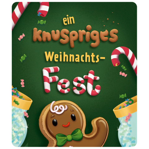 Tonies Figuren Adventskalender 2026: Lebkuchenfigur mit grüner Schleife vor grünem Hintergrund, Zuckerstangen