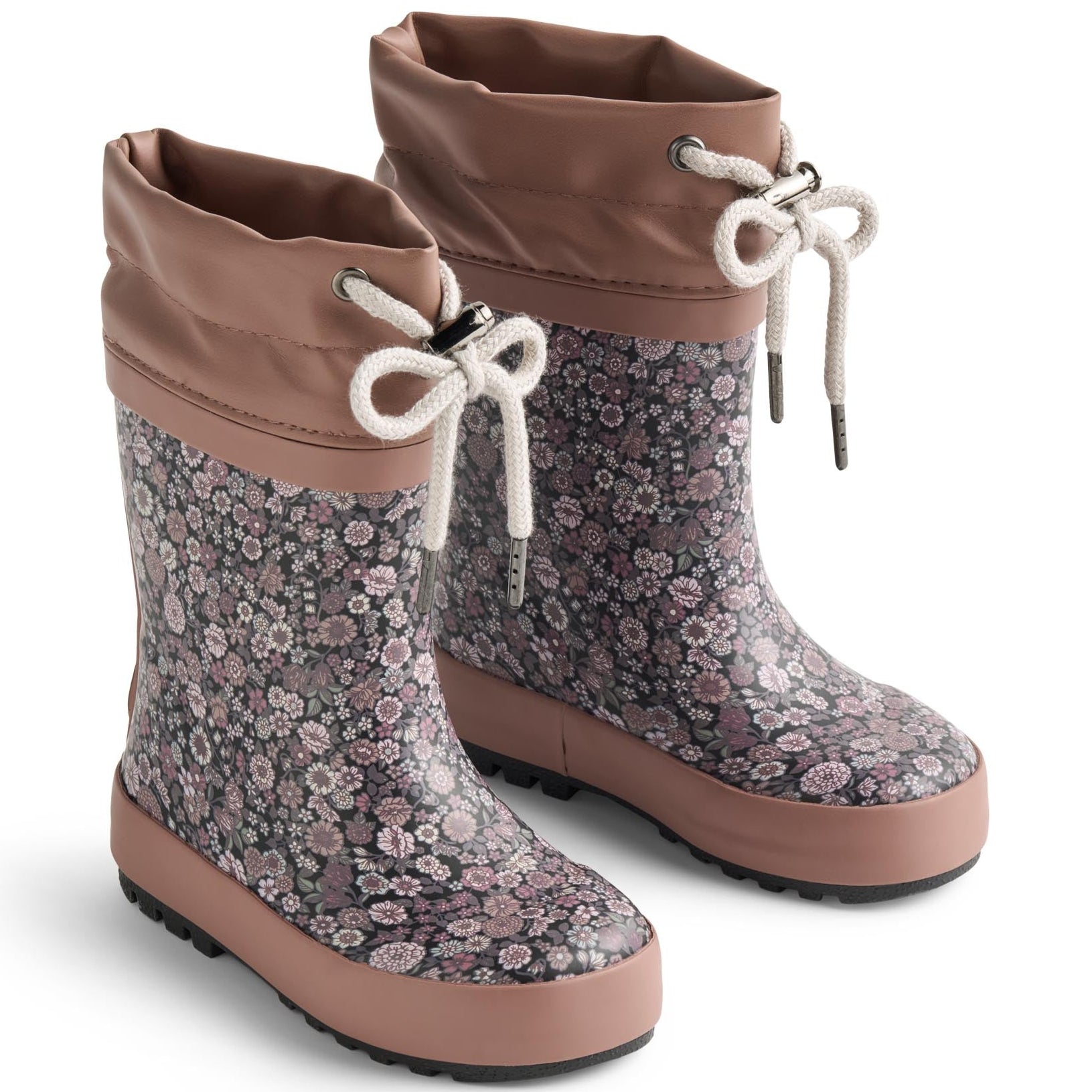 Rosenholz und schwarze Gummistiefel von WHEAT mit warmer Innenfütterung, ideal für Herbst und Winter