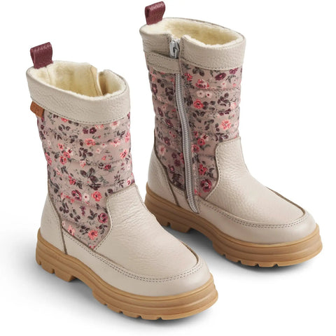 Schuhe: WHEAT TEX KOA WF691-02, beige Stiefel mit floralem Muster und seitlichem Reißverschluss