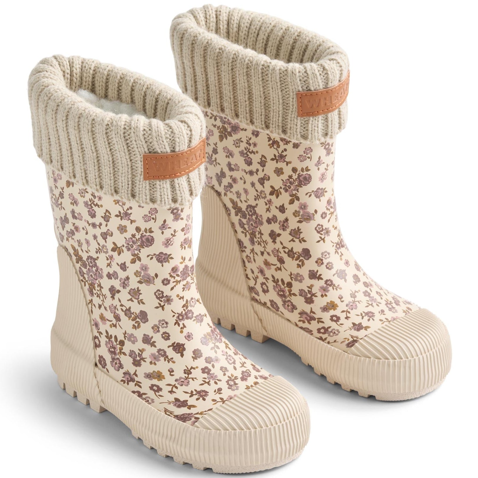 Detailaufnahme des WHEAT Rubber Boots mit Blumenmuster in cremefarben, ideal für nasse Tage