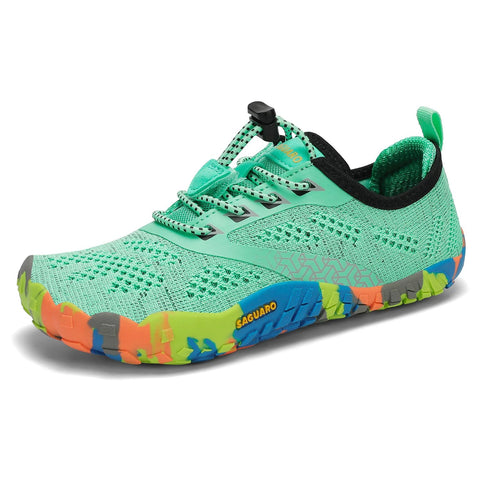 Seitenansicht SAGUARO Barfußschuh KID SMART - mint/multi, atmungsaktives Obermaterial, bunte Sohle.
