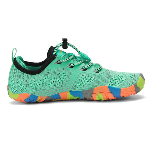 Seitenansicht des SAGUARO Barfußschuh KID SMART Mint/Multi; mintgrünes Mesh-Obermaterial, bunte Sohle.