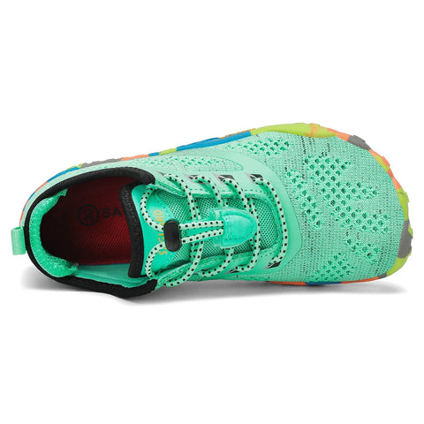 Ansicht von oben: SAGUARO Barfußschuh KID SMART Mint/Multi, atmungsaktives Mesh, sichtbare Schnürung