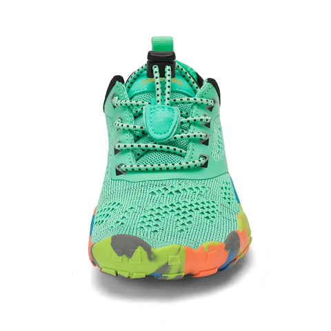 Vorderansicht des SAGUARO Barfußschuh KID SMART Mint/Multi; mintgrünes Obermaterial, bunte Sohle.