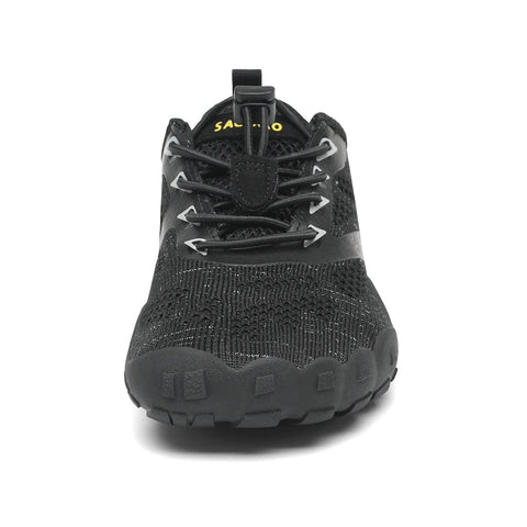 Vorderansicht: SAGUARO Barfußschuh KID SMART schwarz, gestricktes Obermaterial, grobe Sohle