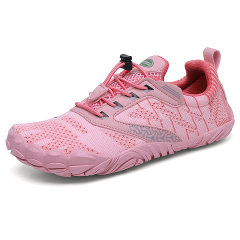 Seitenansicht des SAGUARO Schuhe Barfußschuh FREE I - rosa; pinkes Mesh-Obermaterial, Schnürung, flexible Profilsohle