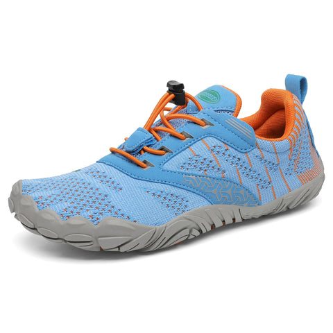Seitenansicht des SAGUARO Barfußschuh FREE I in blau/orange, mit orange Schnürsenkeln und grauer Sohle.
