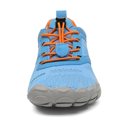 Vorderansicht des SAGUARO Barfußschuh FREE I in Blau/Orange; orange Schnürsenkel, graue Sohle