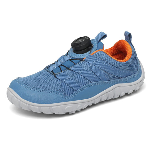 Schuhe SAGUARO Barfußschuh BOA KID FORESTEP I – blau/orange; Seitenansicht, blaues Mesh-Obermaterial, orange Innenraum, weiße Sohle