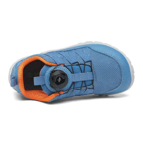 Ansicht von oben: SAGUARO Barfußschuh BOA KID FORESTEP I blau/orange mit BOA-Verschluss und hellgrauer Sohle