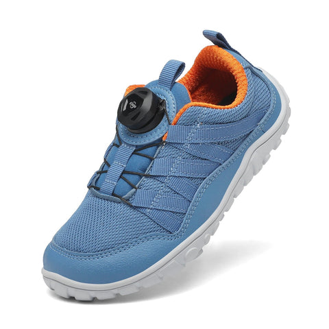 3/4-Ansicht: SAGUARO Barfußschuh BOA KID FORESTEP I in blau/orange mit BOA-Verschluss und weißer Sohle