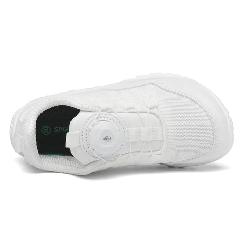 Aufsicht von oben: SAGUARO Barfußschuh BOA KID FORESTEP I in Weiß; BOA-Verschluss sichtbar, SAGUARO-Logo sichtbar.