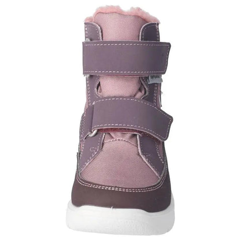 Vorderansicht des RICOSTA SYMPA-TEX Stiefel LUNEA in Flieder/Lila; Klettverschluss, violettes Obermaterial, weiße Sohle.