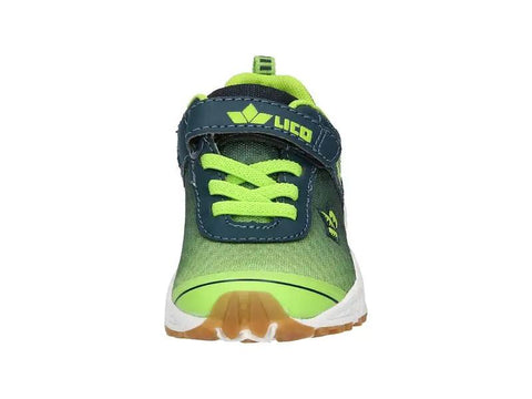 LICO Barney 366097 Turnschuhe, Frontansicht, petrol/neongelb, Klettverschluss, weiße Sohle mit braunem Profil