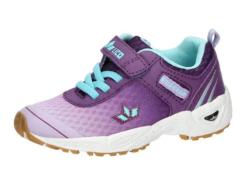 Seitenansicht des LICO Turnschuh Barney, lila/türkis, hellblaue Schnürsenkel, Klettverschluss, gumfarbene Sohle.