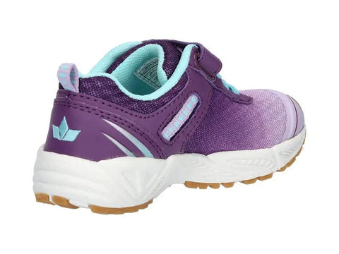 Seitenansicht des LICO Barney Sportschuhs in Lila/Türkis mit weißer Sohle; Logo an der Ferse sichtbar