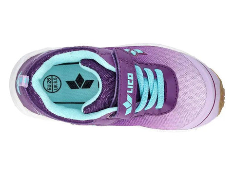 Ansicht von oben: LICO Turnschuh Barney 366349 in lila/türkis mit hellblauen Schnürsenkeln; Logo sichtbar.