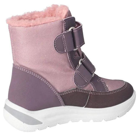 Seitenansicht des Ricosta Stiefel LUNEA in Flieder/Lila; pinkes Innenfutter, 3 Klettverschlüsse, weiße Sohle.