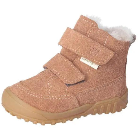 RICOSTA CARE-TEX Knöchelschuh DOMI - cognac; Seitenansicht, Veloursleder, Klettverschluss, beigefarbene Gummi-Sohle.