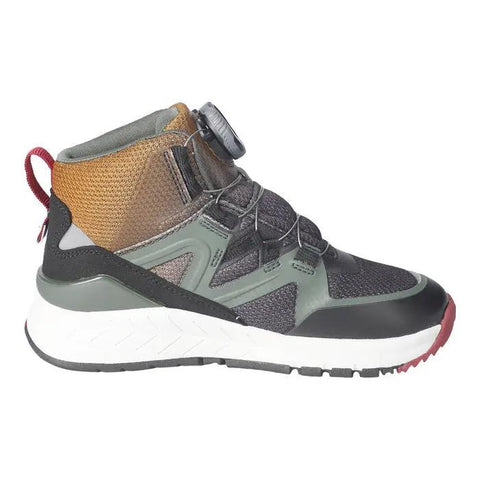 Seitenansicht eines RICOSTA TEX Knöchelschuh BOA SPIN, Schuhe in Schwarz-Salbei-Braun mit BOA-Verschluss.
