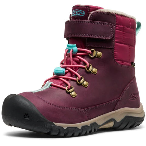 Detaillierte Ansicht des KEEN WP TEX Stiefels KANIBOU in beere, pink und türkis, mit wasserdichter Oberfläche