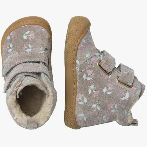 Schuhe NATURINO Barfuß Stiefel WIGGHI – grau mit Blümchen, Klettverschluss, braune Sohle, flauschiges Innenfutter sichtbar
