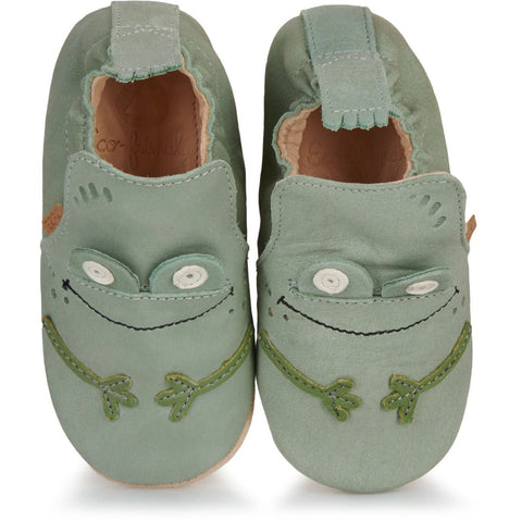 Vorderansicht der EASY PEASY PreWalker MY BLUBLU ANZ88T-25, grüne Schuhe mit Frosch-Gesicht.