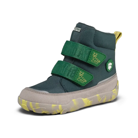 Seitenansicht des AFFENZAHN Stiefel Raupe COMFY VEGAN in petrol/grün/grau; grüne Klettverschlüsse, gemusterte Sohle.