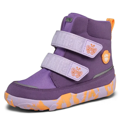 Seitenansicht des AFFENZAHN TEX Stiefels COMFY VEGAN Schmetterling – lila/orange, Klettverschluss.