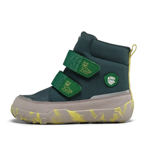 Schuhe: AFFENZAHN TEX Stiefel, petrol/grün/grau, grüne Klettverschlüsse, gelb gemusterte Sohle.