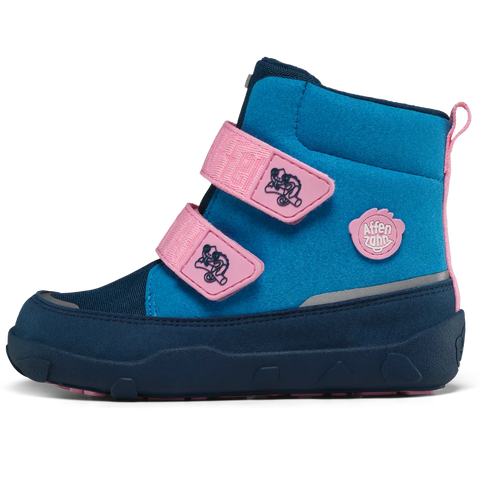 Seitenansicht des AFFENZAHN TEX Stiefel COMFY VEGAN CHAMÄLEON – blau/rosa, Velcro-Verschluss, dicke Sohle.