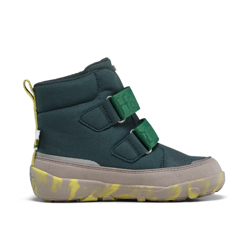 Seitenansicht des AFFENZAHN TEX Stiefel COMFY VEGAN RAUPE in petrol/grün/grau, grüne Klettverschlüsse, gelbe Sohle.