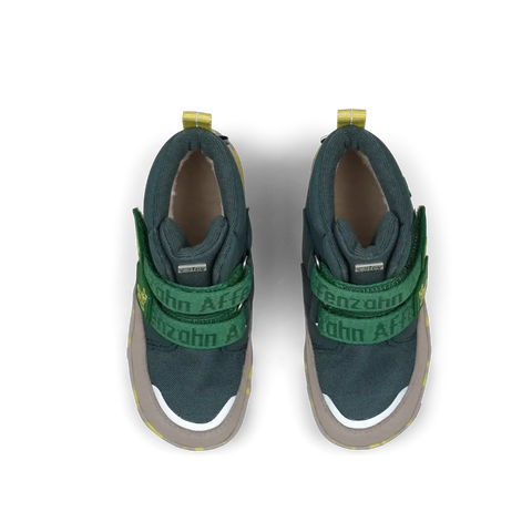 Ansicht von oben: AFFENZAHN TEX Stiefel COMFY VEGAN RAUPE in petrol/grün/grau, grün-Logo-Riemen sichtbar