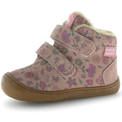 Seitenansicht des NATURINO Schuhe Modell SPINNI in altrosa mit Blümchenmuster, zwei Klettverschlüsse, braune Sohle.