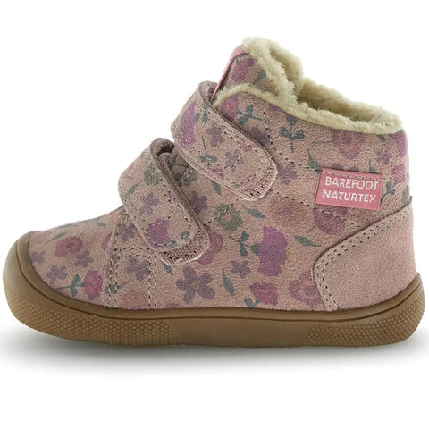 Seitenansicht NATURINO NATURTEX Knöchelschuh Spinni in Altrosa mit Blümchenmuster, Velcro-Verschlüsse, braune Sohle.