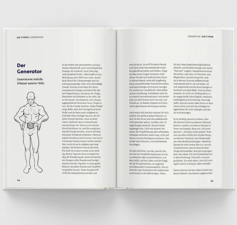 Buch WOFÜR DU HIER BIST - Printbuch; linke Doppelseite mit Muskelbild und Der Generator; custom.modellbezeichnung