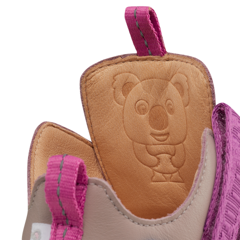 AFFENZAHN Barfuß Halbschuh BUDDY KOALA - taupe / violett - Comfortable and stylish barefoot shoe featuring a cute koala design in taupe and violet colors