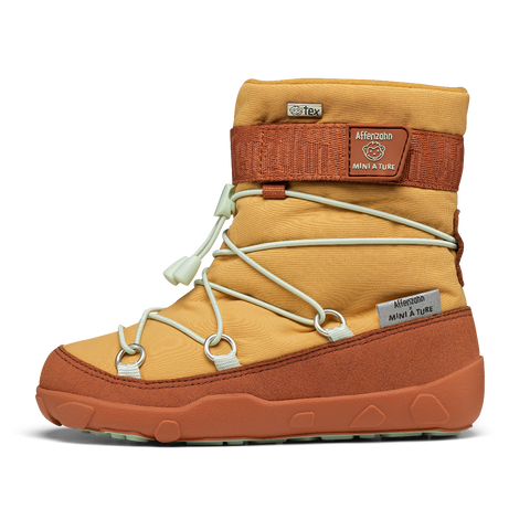 Vegan snowy mini A Ture boots in curry, brown, and mint colors for kids