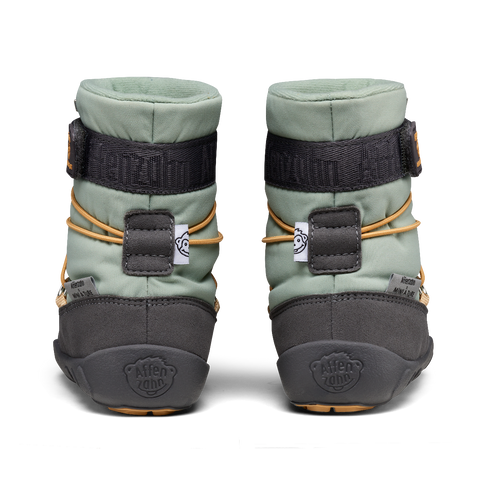 warm and stylish snowy mini a ture vegan boot in gray and mint