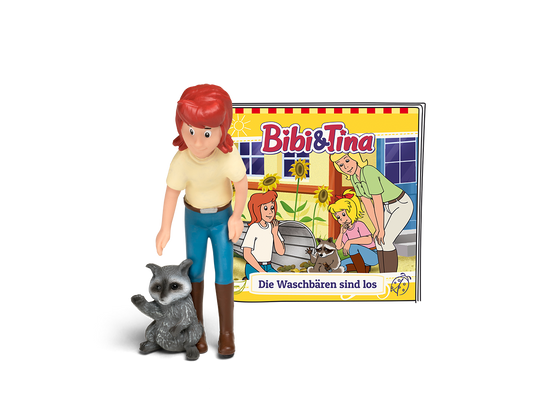 Die TONIES Figur zeigt Bibi und Tina, wie sie Abenteuer mit den Waschbären erleben