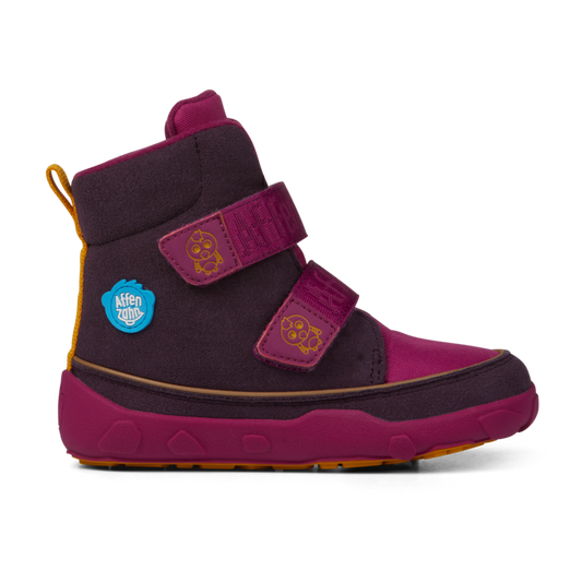 Vegan-friendly AFFENZAHN TEX Stiefel featuring a colorful bird design in berry, lilac, and yellow