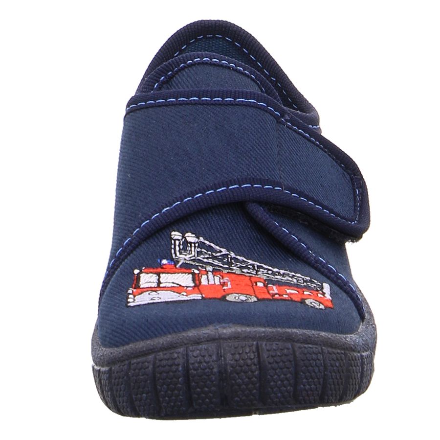 Cozy and durable dark blue SUPERFIT Hausschuh BILL 278-80 featuring a fire truck design