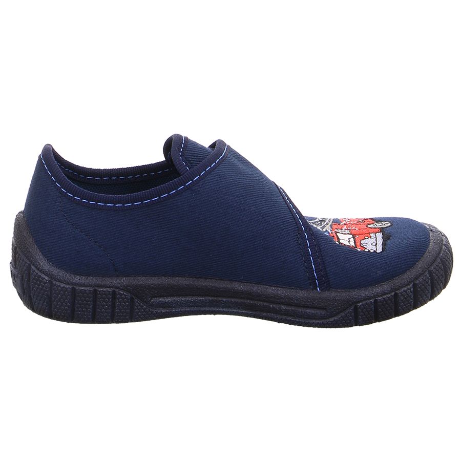 Comfortable and supportive SUPERFIT Hausschuh BILL 278-80 in dark blue featuring a vibrant firetruck design